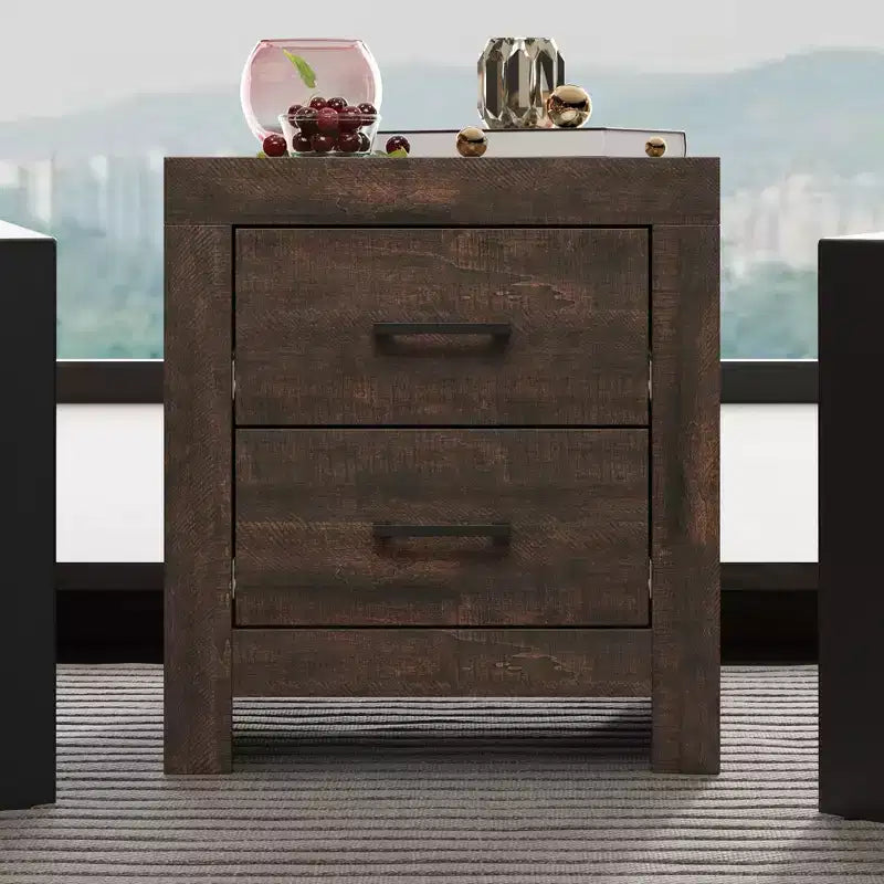 Table de chevet à deux tiroirs, meuble de rangement vertical avec accent grain de bois