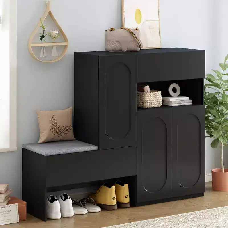 51W Storage Bench Shoe Bench Shoe Cabinet Shoe Rack Organizer with Cushion, Adjustable Shelves, Arched Doors and Rebound Devices, White/Black-ModernL