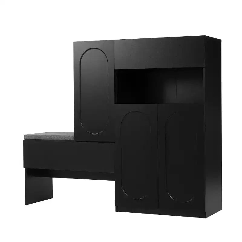 Banc de rangement 51W, banc à chaussures, meuble à chaussures, organiseur de porte-chaussures avec coussin, étagères réglables, portes arquées et dispositifs anti-rebond, blanc/noir