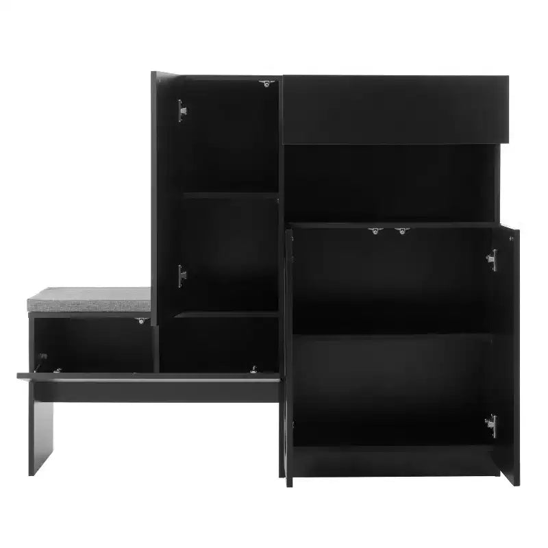 Banc de rangement 51W, banc à chaussures, meuble à chaussures, organiseur de porte-chaussures avec coussin, étagères réglables, portes arquées et dispositifs anti-rebond, blanc/noir
