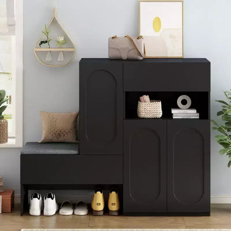 Banc de rangement 51W, banc à chaussures, meuble à chaussures, organiseur de porte-chaussures avec coussin, étagères réglables, portes arquées et dispositifs anti-rebond, blanc/noir