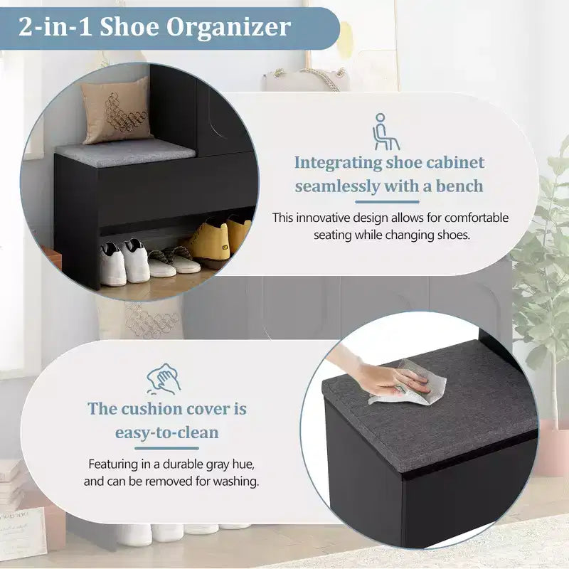 Banc de rangement 51W, banc à chaussures, meuble à chaussures, organiseur de porte-chaussures avec coussin, étagères réglables, portes arquées et dispositifs anti-rebond, blanc/noir
