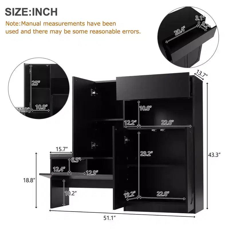 Banc de rangement 51W, banc à chaussures, meuble à chaussures, organiseur de porte-chaussures avec coussin, étagères réglables, portes arquées et dispositifs anti-rebond, blanc/noir