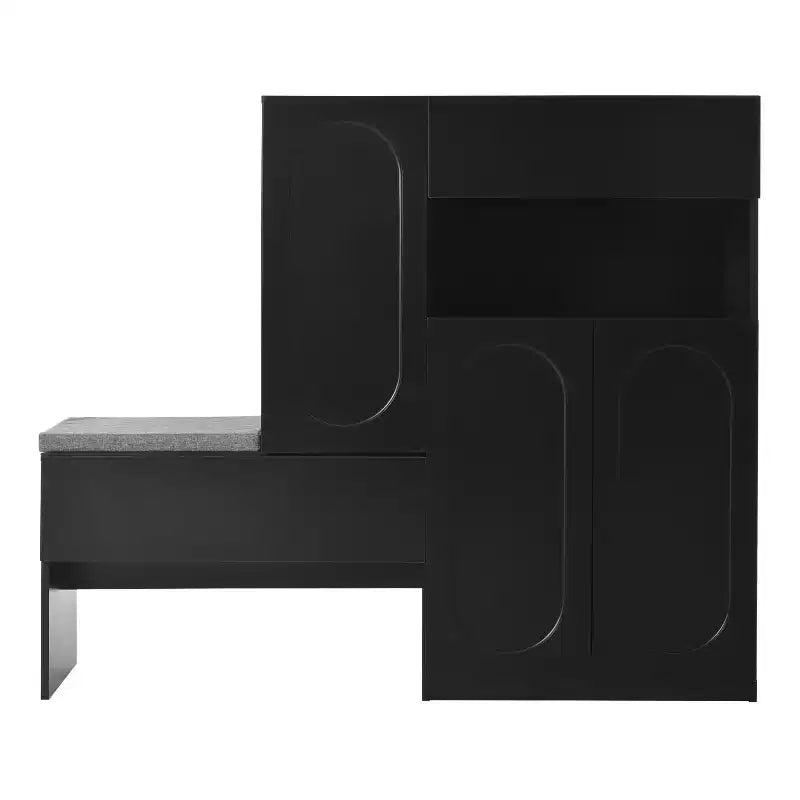 Banc de rangement 51W, banc à chaussures, meuble à chaussures, organiseur de porte-chaussures avec coussin, étagères réglables, portes arquées et dispositifs anti-rebond, blanc/noir