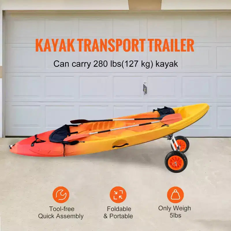 Chariot de kayak robuste, capacité de charge de 127 kg, chariot de canoë détachable avec pneus pleins de 25,4 cm, largeur réglable et protection supérieure en mousse