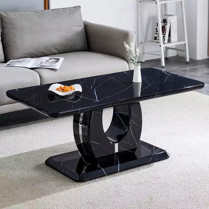 43W Coffee Table Cocktail Table Center Table, Marble Pattern/Wood Texture, Minimalist, White/Black/Walnut-ModernLuxe