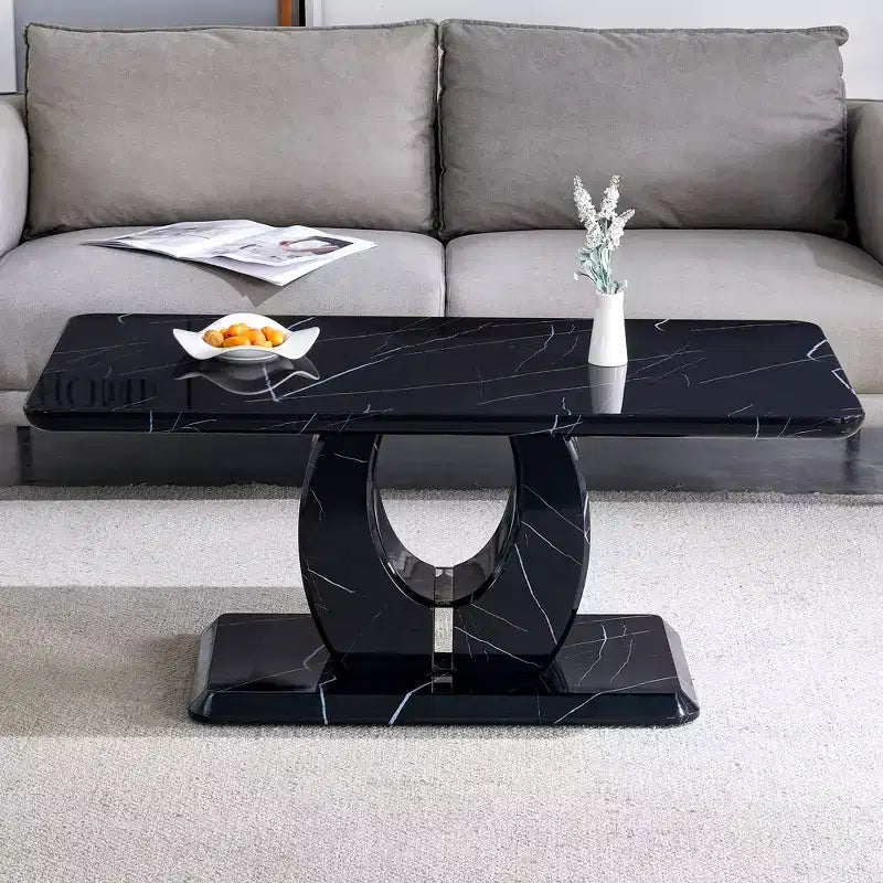 Table basse 43W, Motif marbre/Texture bois, Minimaliste, Blanc/Noir/Noyer
