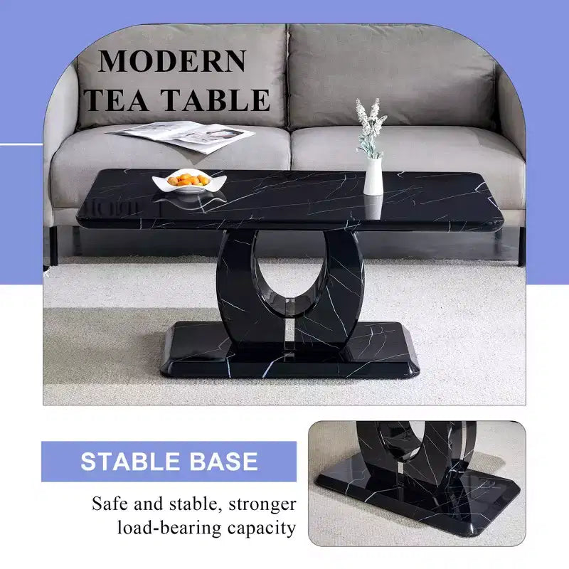 Table basse 43W, Motif marbre/Texture bois, Minimaliste, Blanc/Noir/Noyer