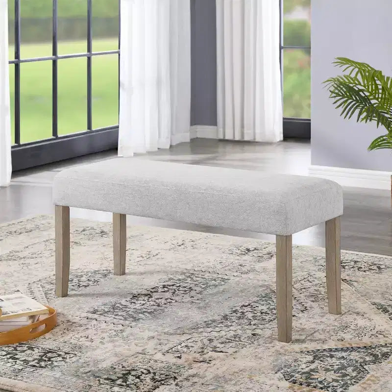 Banc rembourré, tissu gris clair avec pieds en bois d'hévéa