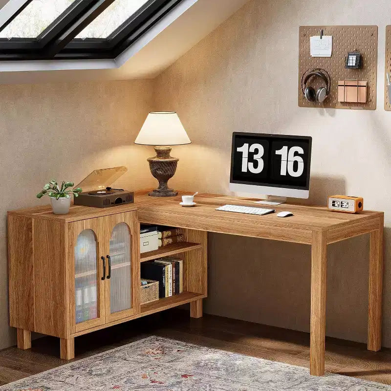 Bureau d'ordinateur en forme de L, Bureau de direction de 150 cm avec meuble de rangement, Poste de travail de bureau d'angle, Marron