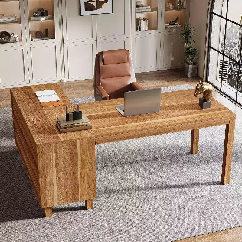 Bureau d'ordinateur en forme de L, Bureau de direction de 150 cm avec meuble de rangement, Poste de travail de bureau d'angle, Marron