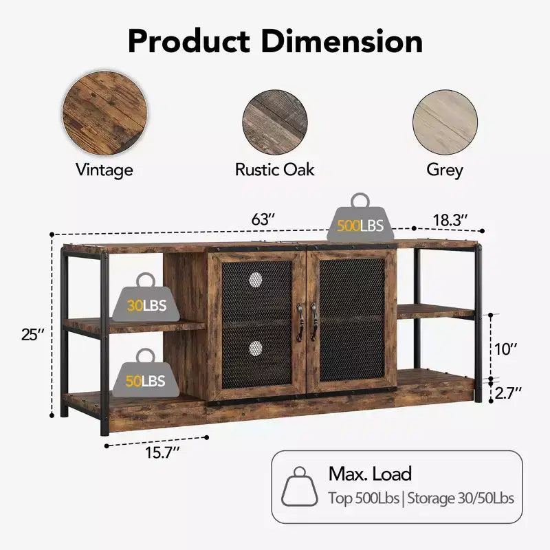 Meuble TV de ferme pour téléviseurs de 65/75 pouces, meuble de divertissement avec armoire de rangement et portes en maille, table de console média TV industrielle