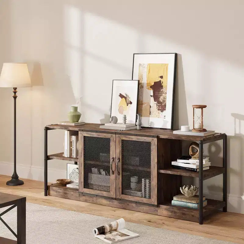 Meuble TV de ferme pour téléviseurs de 65/75 pouces, meuble de divertissement avec armoire de rangement et portes en maille, table de console média TV industrielle