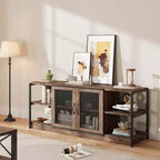 Meuble TV de ferme pour téléviseurs de 65/75 pouces, meuble de divertissement avec armoire de rangement et portes en maille, table de console média TV industrielle
