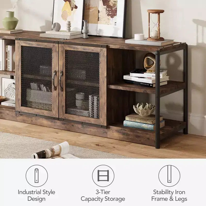 Meuble TV de ferme pour téléviseurs de 65/75 pouces, meuble de divertissement avec armoire de rangement et portes en maille, table de console média TV industrielle