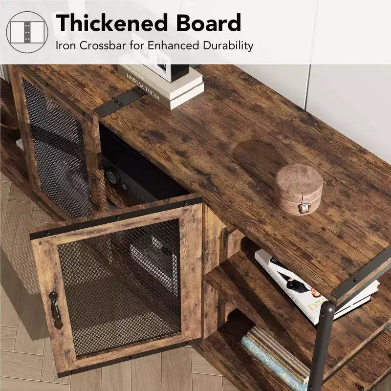 Meuble TV de ferme pour téléviseurs de 65/75 pouces, meuble de divertissement avec armoire de rangement et portes en maille, table de console média TV industrielle