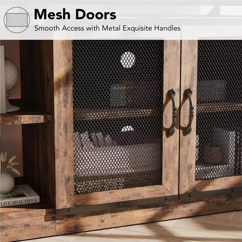 Meuble TV de ferme pour téléviseurs de 65/75 pouces, meuble de divertissement avec armoire de rangement et portes en maille, table de console média TV industrielle