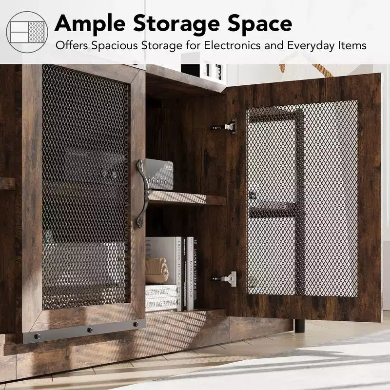 Meuble TV de ferme pour téléviseurs de 65/75 pouces, meuble de divertissement avec armoire de rangement et portes en maille, table de console média TV industrielle