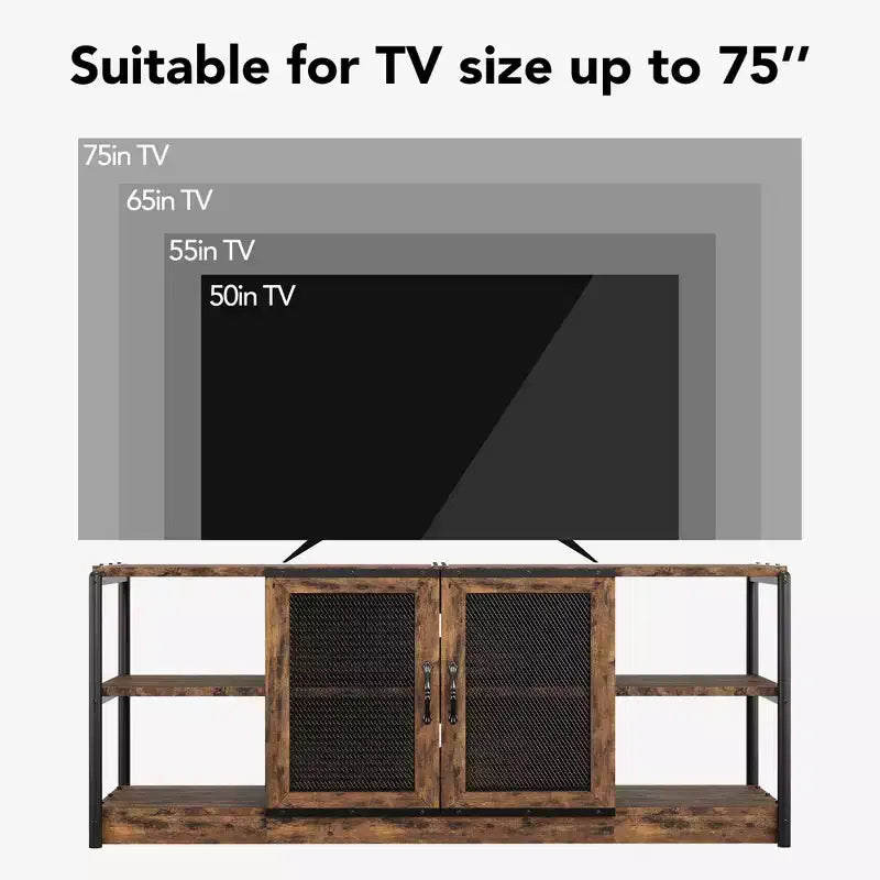 Meuble TV de ferme pour téléviseurs de 65/75 pouces, meuble de divertissement avec armoire de rangement et portes en maille, table de console média TV industrielle