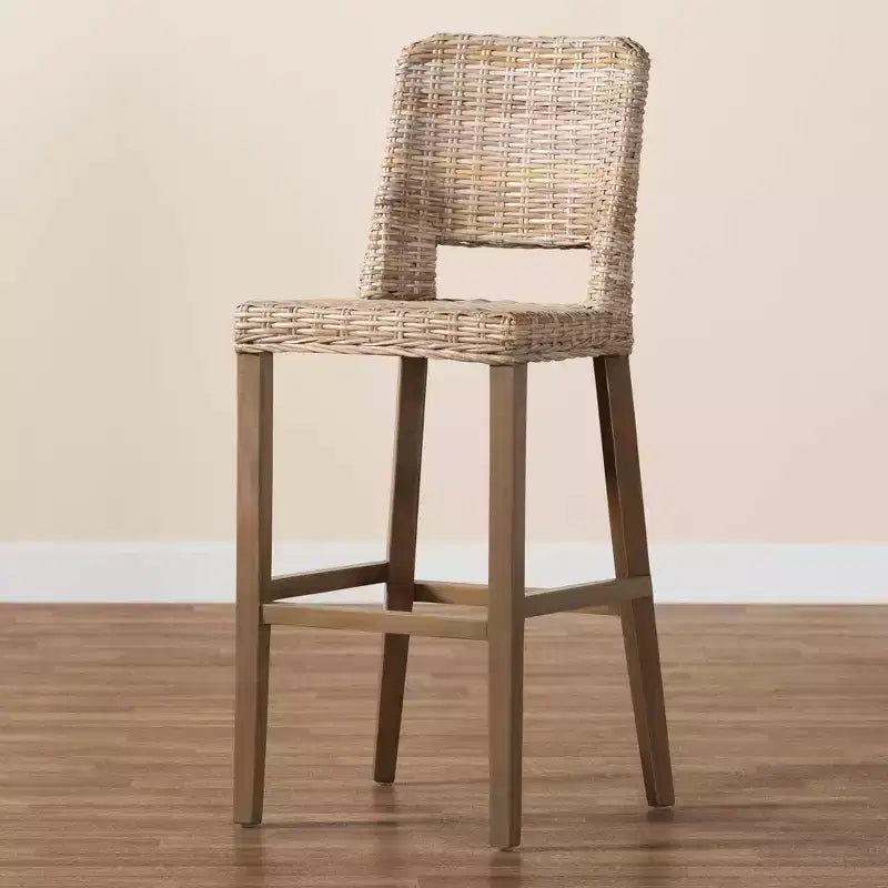 Tabouret de bar en rotin et bois d'acajou gris/taupe rustique