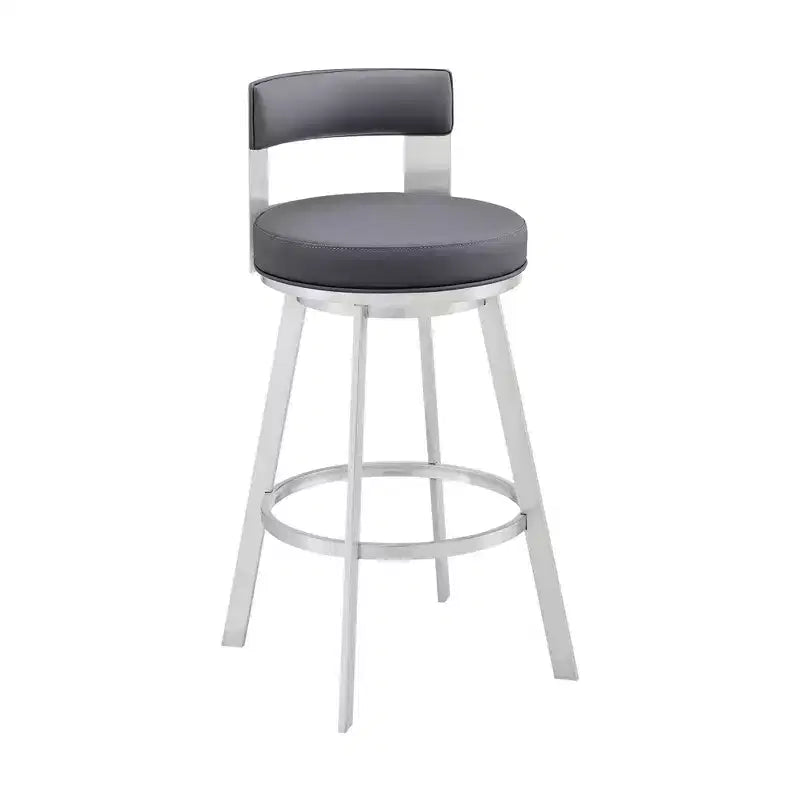 Armen Living 26" Flynn Metal with Faux Leather Swivel Counter Height Barstool Silver/Gray