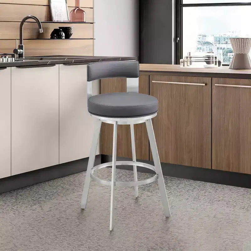 Tabouret de bar pivotant en métal et similicuir de 66 cm (26 po), hauteur comptoir, argent/gris