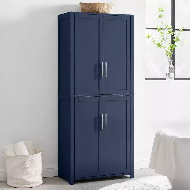Armoire de rangement de cuisine de 170 cm de haut (bleu marine) : Design traditionnel de ferme, placage bois, cadre en MDF, 3 étagères réglables