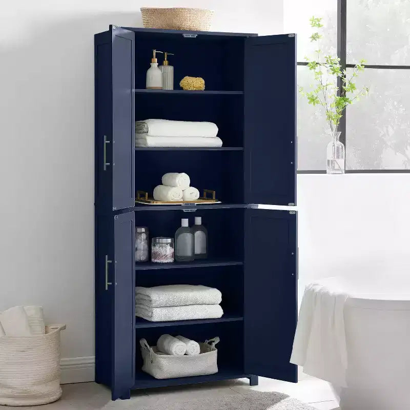 Armoire de rangement de cuisine de 170 cm de haut (bleu marine) : Design traditionnel de ferme, placage bois, cadre en MDF, 3 étagères réglables
