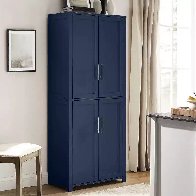Armoire de rangement de cuisine de 170 cm de haut (bleu marine) : Design traditionnel de ferme, placage bois, cadre en MDF, 3 étagères réglables