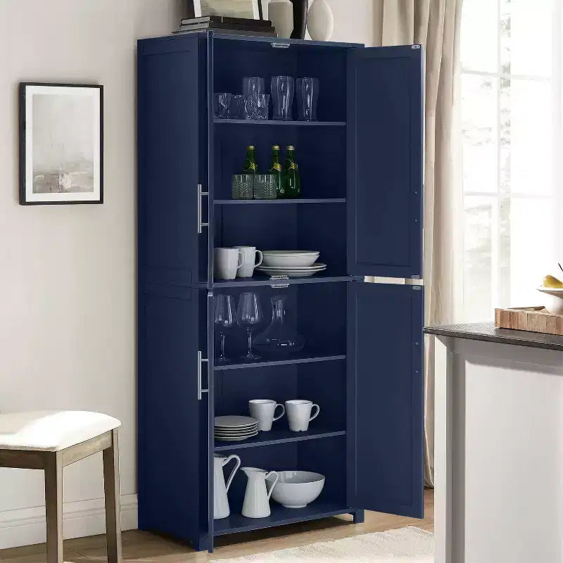 Armoire de rangement de cuisine de 170 cm de haut (bleu marine) : Design traditionnel de ferme, placage bois, cadre en MDF, 3 étagères réglables