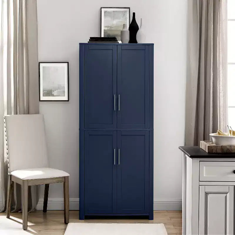 Armoire de rangement de cuisine de 170 cm de haut (bleu marine) : Design traditionnel de ferme, placage bois, cadre en MDF, 3 étagères réglables