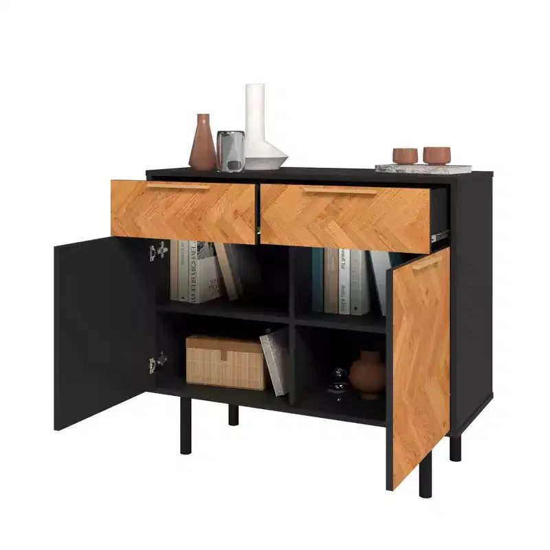 Buffet mi-siècle moderne 4 étagères noir/naturel