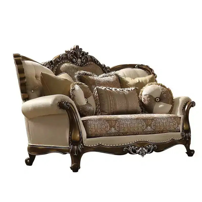 74" Latisha Sofa Tan, Pattern Fabric and Antique Oak Finish - Acme Furniture: Traditional Upholstered Loveseat, Tufted Design