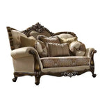 74" Latisha Sofa Tan, Pattern Fabric and Antique Oak Finish - Acme Furniture: Traditional Upholstered Loveseat, Tufted Design