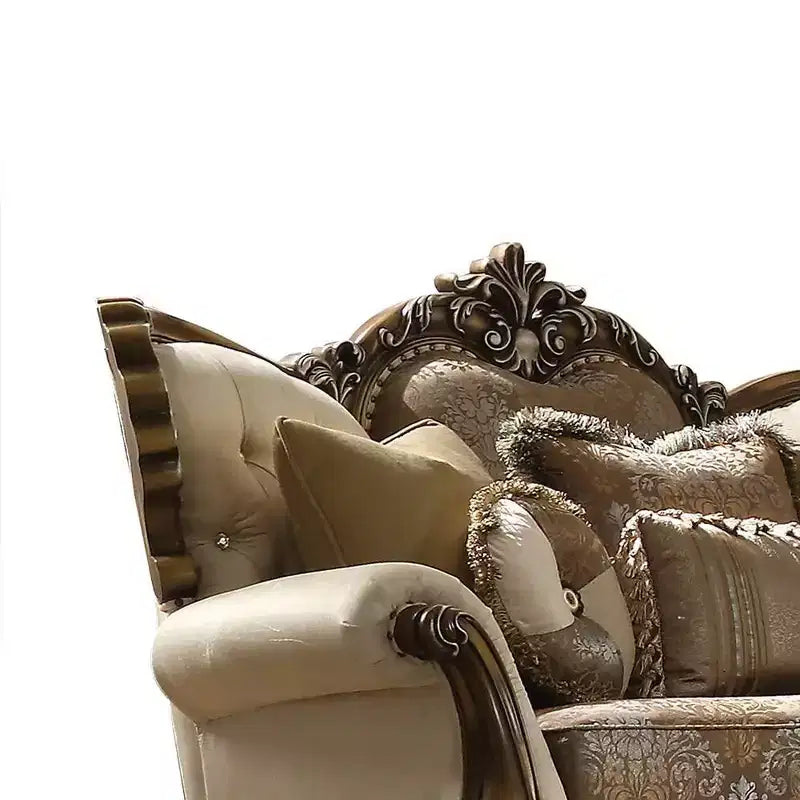Causeuse rembourrée traditionnelle, couleur de canapé tanné, tissu à motifs et finition en chêne antique, conception capitonnée
