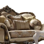 Causeuse rembourrée traditionnelle, couleur de canapé tanné, tissu à motifs et finition en chêne antique, conception capitonnée
