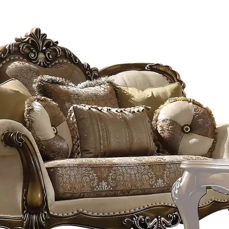Causeuse rembourrée traditionnelle, couleur de canapé tanné, tissu à motifs et finition en chêne antique, conception capitonnée