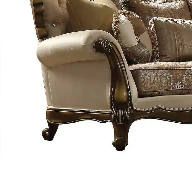 Causeuse rembourrée traditionnelle, couleur de canapé tanné, tissu à motifs et finition en chêne antique, conception capitonnée