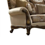 Causeuse rembourrée traditionnelle, couleur de canapé tanné, tissu à motifs et finition en chêne antique, conception capitonnée