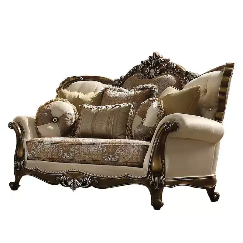 Causeuse rembourrée traditionnelle, couleur de canapé tanné, tissu à motifs et finition en chêne antique, conception capitonnée
