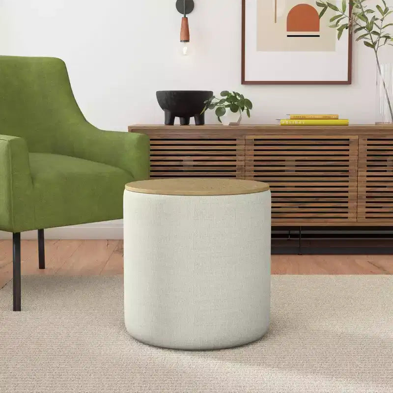 Wood Top Storage Ottoman Light Gray - HomePop: Upholstered, Round, Padded, Wooden Frame