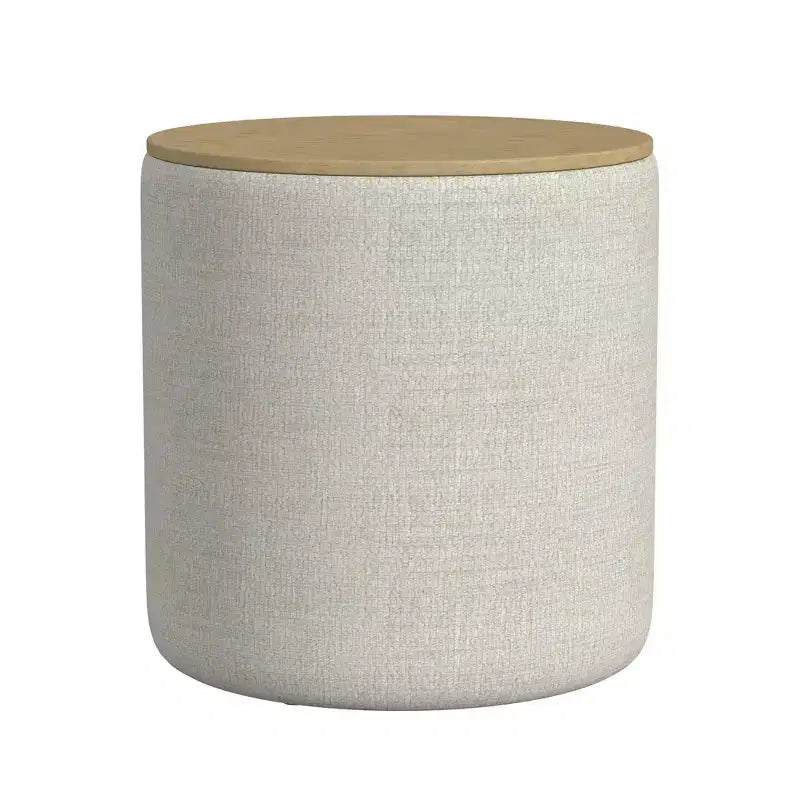 Pouf de rangement gris clair avec plateau en bois : Rembourré, rond, capitonné, cadre en bois
