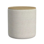 Pouf de rangement gris clair avec plateau en bois : Rembourré, rond, capitonné, cadre en bois