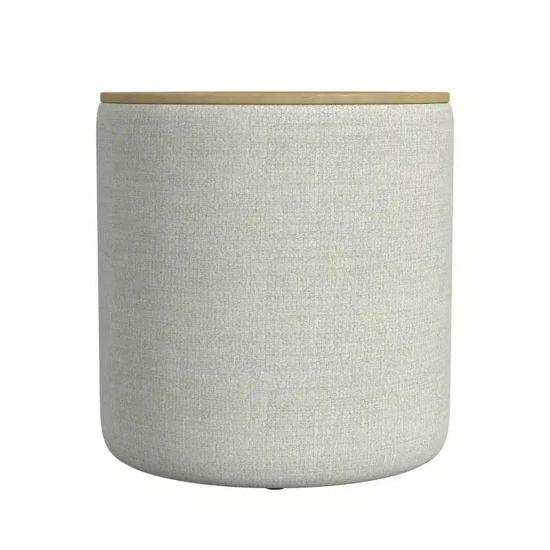 Pouf de rangement gris clair avec plateau en bois : Rembourré, rond, capitonné, cadre en bois
