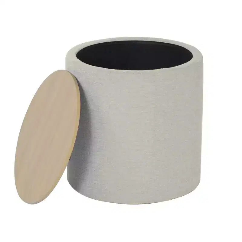 Pouf de rangement gris clair avec plateau en bois : Rembourré, rond, capitonné, cadre en bois