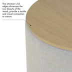 Pouf de rangement gris clair avec plateau en bois : Rembourré, rond, capitonné, cadre en bois