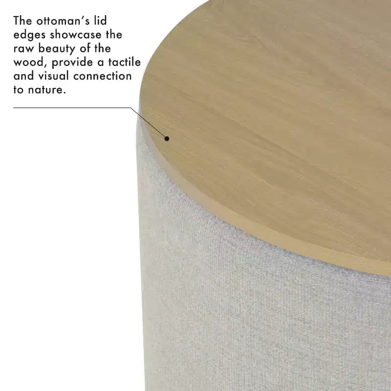 Pouf de rangement gris clair avec plateau en bois : Rembourré, rond, capitonné, cadre en bois
