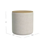 Pouf de rangement gris clair avec plateau en bois : Rembourré, rond, capitonné, cadre en bois
