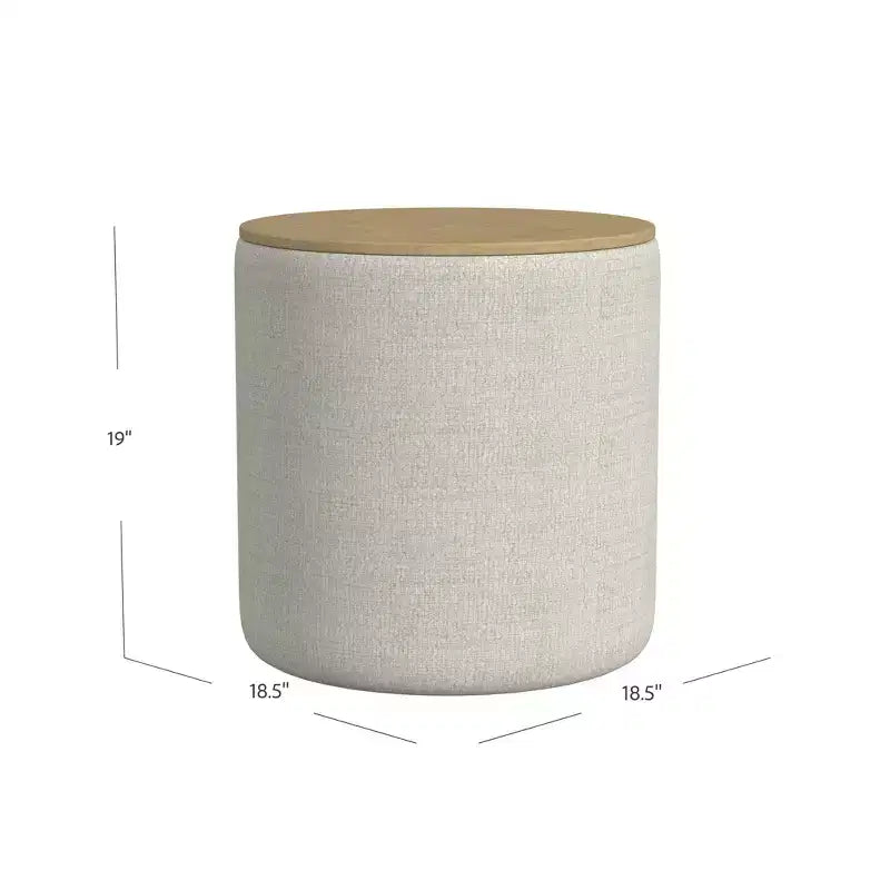 Pouf de rangement gris clair avec plateau en bois : Rembourré, rond, capitonné, cadre en bois
