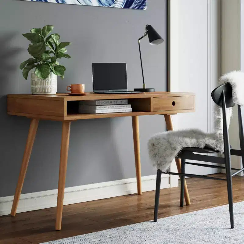 Bureau scandinave avec tiroir Acacia Marron clair : Plateau MDF, Pieds en bois massif, Meuble de bureau